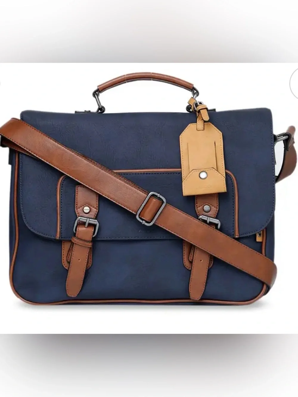 ALDO Men’s Navy Leather and Brown Trim Messenger Bag Laptop Sling Strap NWOT